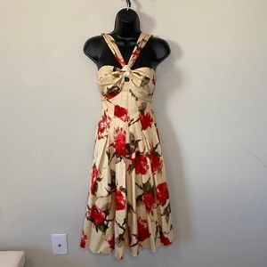 Black Halo Floral Rose Print Red Tan Fit Flare Pinup Halter Dress Sz XS NWT